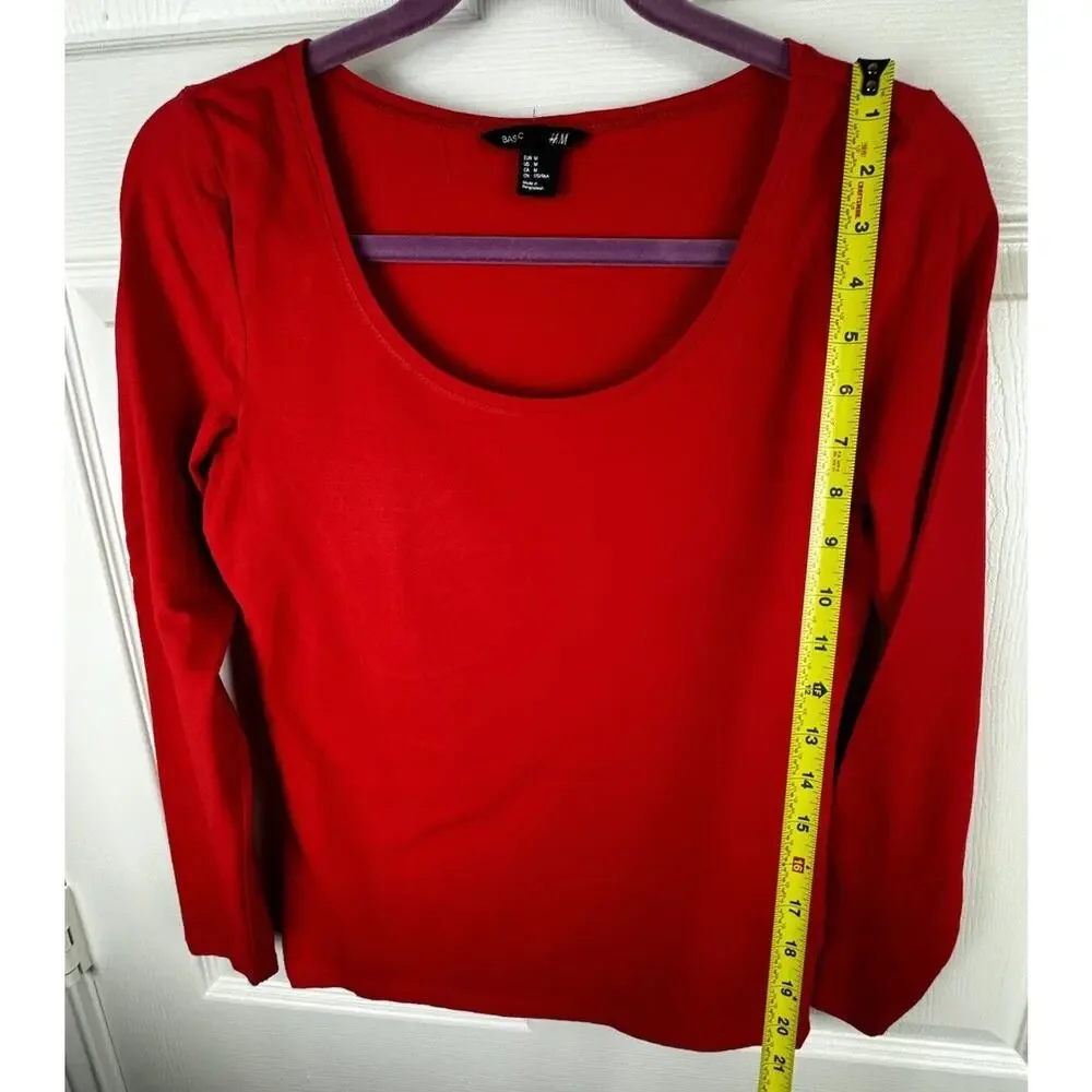 H&M Scooped Neck Top Long Sleeves Red M Casual Minimalist 50-08 - Picture 7 of 15